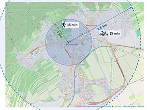 Planansicht der Distamzen die Zu Fuß oder mit dem Rad in 15 Minuten zu schaffen sind